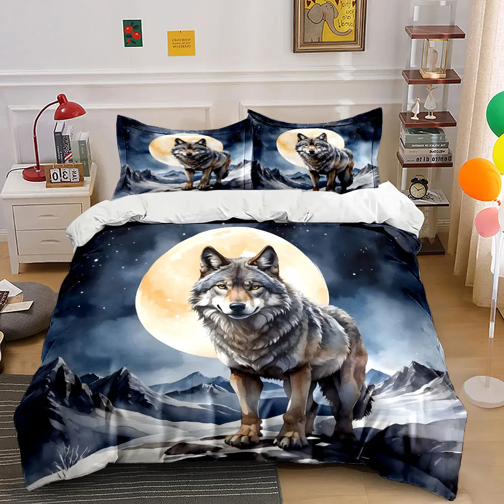 

Wolf and Snowy Lunar Night Pattern Duvet Cover Set Digital Print Colorful Polyester Bedding with Zipper Closur for kids gifts