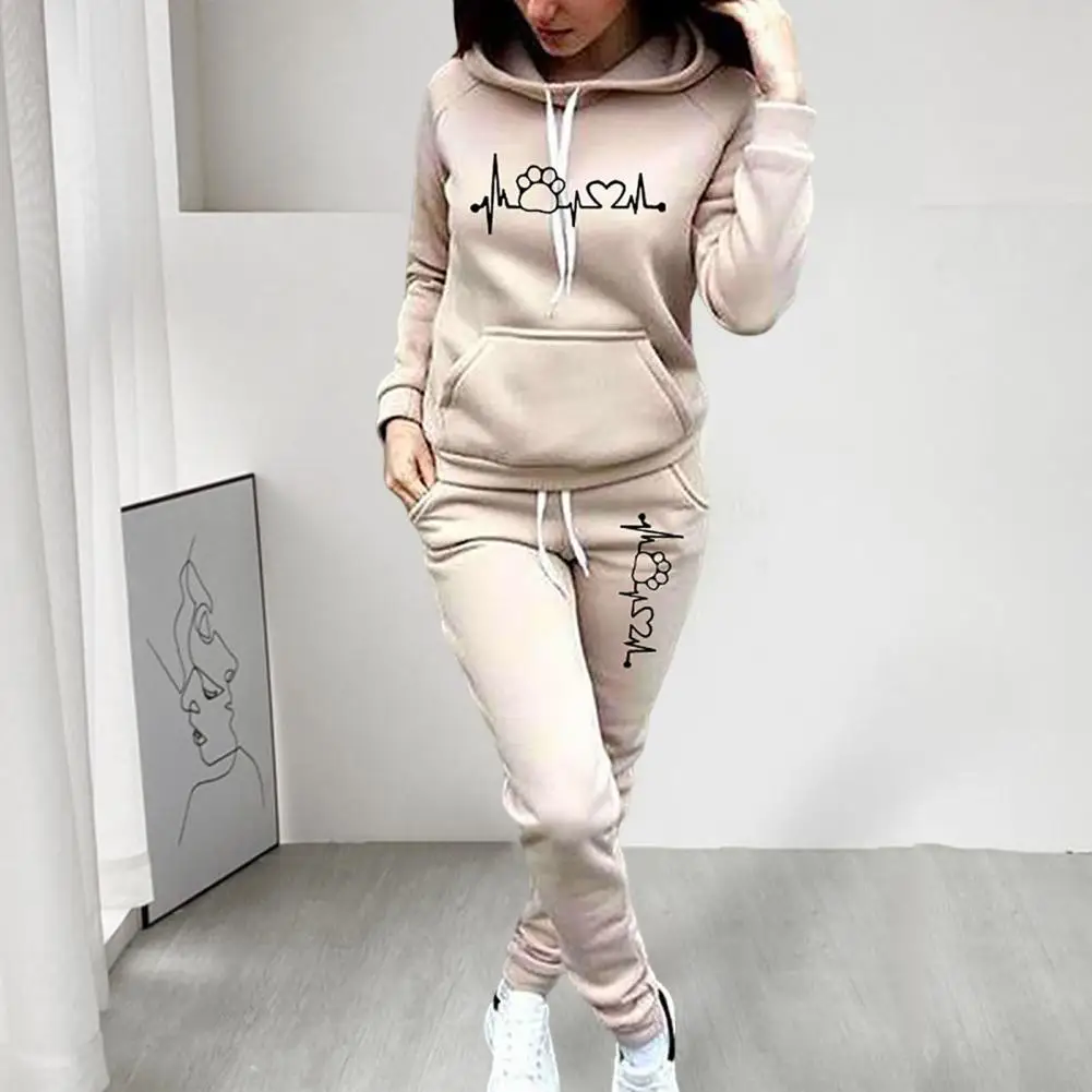 Fashion Sweatshirt Pants Set 3D Cutting Sport Outfit Mid-rise Fall Winter Hooded Slim Fit Casual Tracksuit Cold Resistant