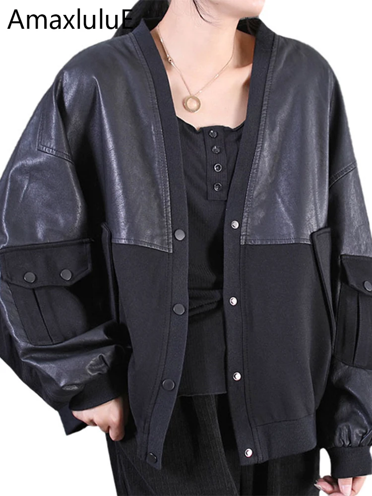 AmaxluluE 2024 Koreańska moda Odzież jesienna Luźne kurtki damskie Vintage V Neck Faux Leather Kurtki damskie Luksusowe Casualowe PU Płaszcze bawełniane