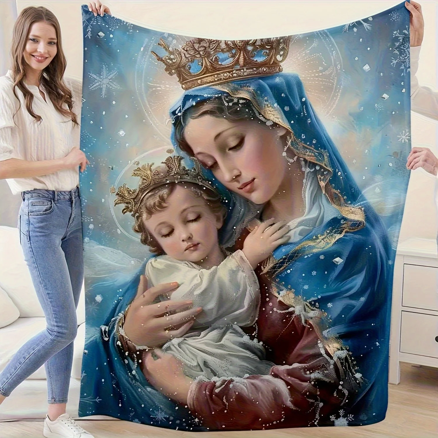 بطانية فانيلا مطبوعة مريم العذراء ويسوع - أربعة مواسم، متعددة الأغراض، أربعة برقوق، متعددة الوظائف، ناعمة وخفيفة الوزن #1