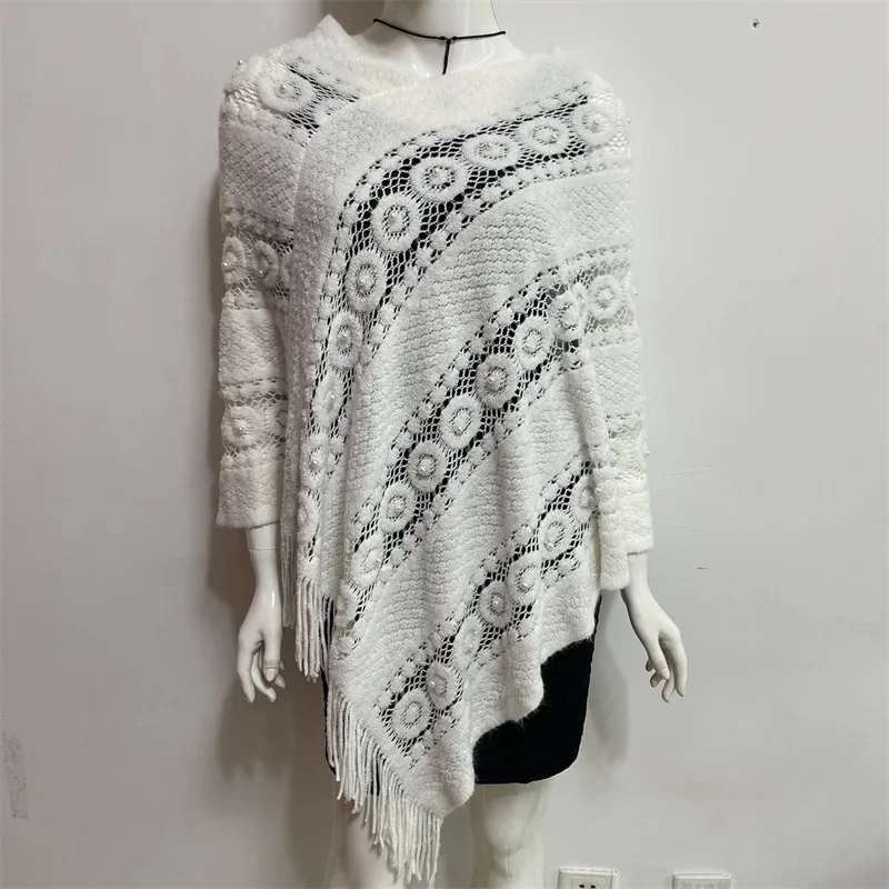 

European American Women Hollowed Out Spring Season New Lazy Wind Pullover V-neck Tassel Nail Bead Lady Cloak Sweater white