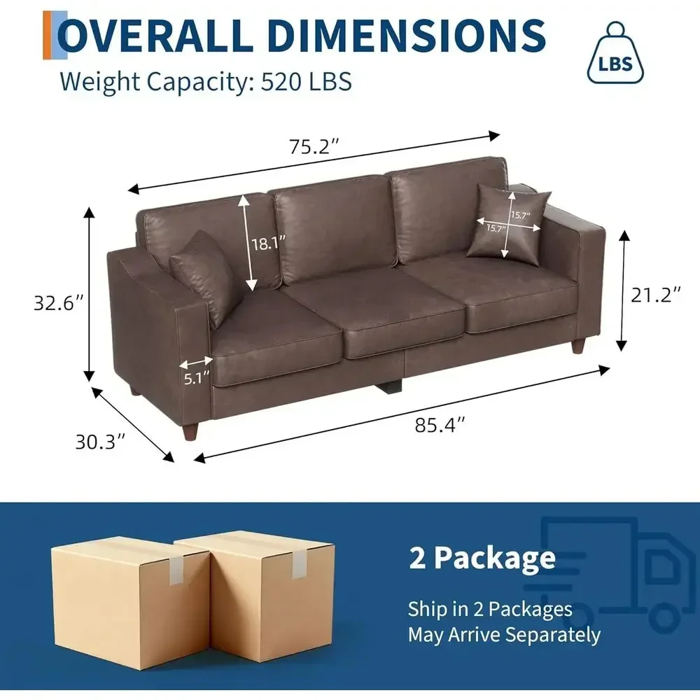 aux Leather Couch with 2 Throw Pillows, Soa Couches or Living Room, 3 Seater Soa with Wide Armrests, Wood Legs, Deep Seats, Back
