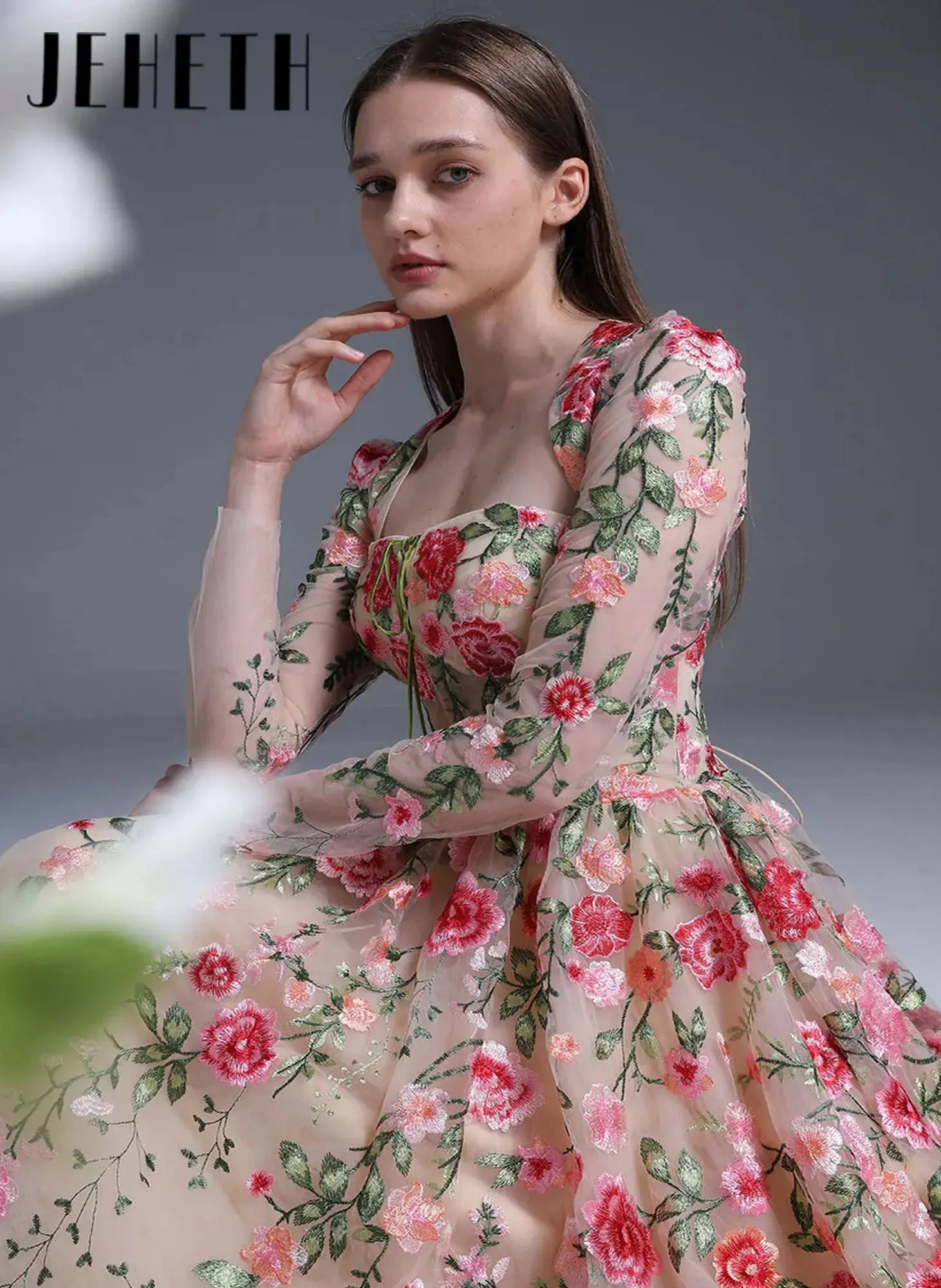 Floral Applique Strapless Corset A-line Prom Dress Long Sleeve Tea-Length Party Dress Special Occasion boda invitada Customized