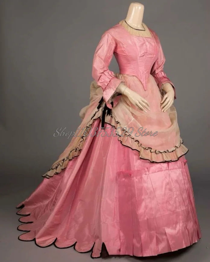 Vestido De noche clásico Rosa Medieval, Vintage victoriano, corpiño fruncido con volantes De encaje, 1860