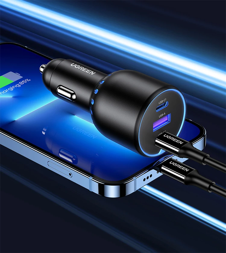 UGREEN 130W USB C Fast Car Charger For Xiaomi iPhone 18 Samsung Galaxy S25 Laptops PD3.0 Fast Charging USB Type C Car Charger