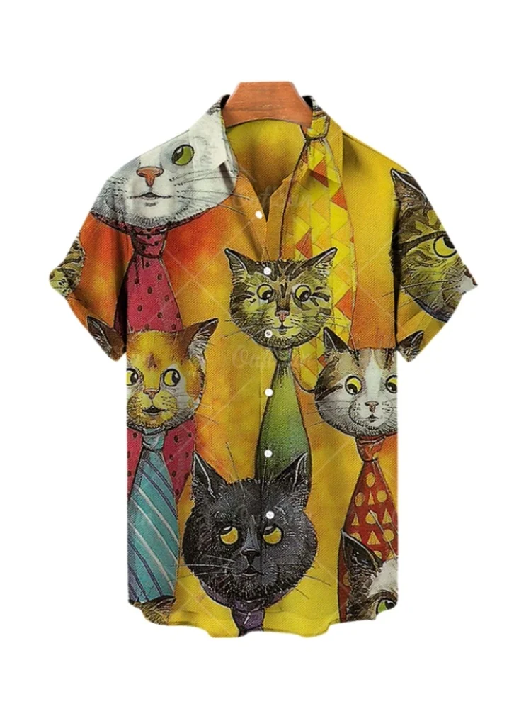 

New Men's Hawaiian Casual Shirts Cat Cartoon Floral 3D Cute Print Short Sleeved Fashionable Harajuku Clothing Korean Plus Size