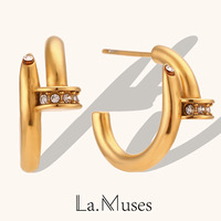 La. Muses Double C Splicing Rhinestone Nail Stainless Steel Earrings For Women Fashionable Luxury Waterproof jewelry