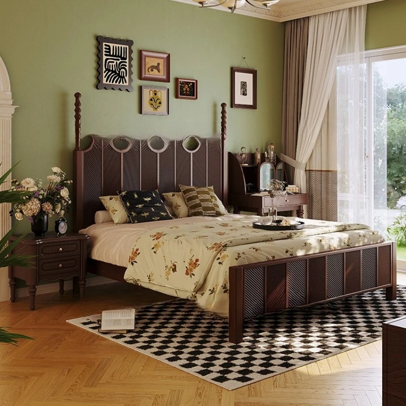 سرير أمريكي من الخشب الصلب خفيف سرير زفاف فرنسي منحوت عتيق عتيق 1.8 متر غرفة نوم رئيسية مزدوجة #2