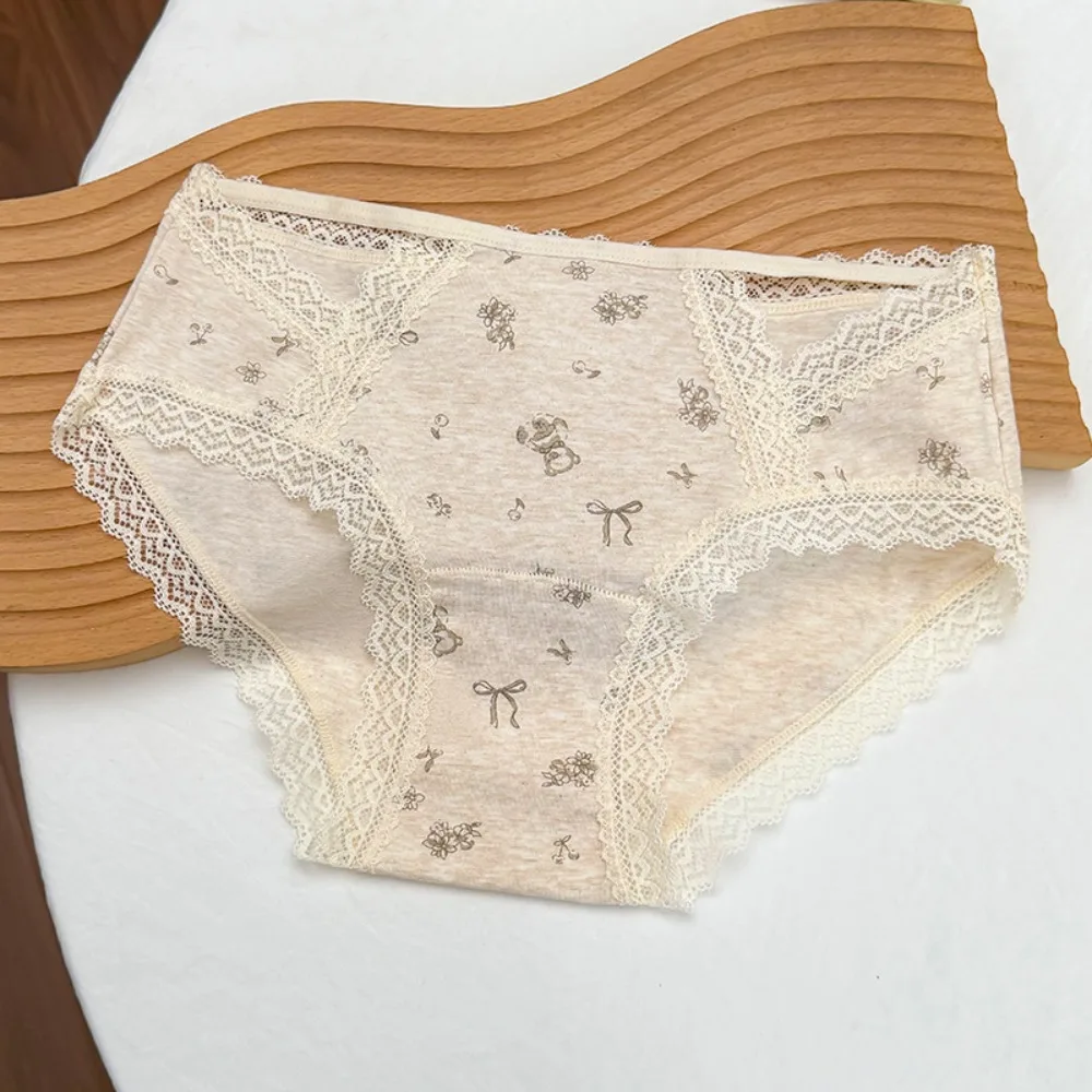 

Sweet Transparent Lace Cotton Panties Mid Waist Printing Underwear for Women Bear Seamless Floral Lace Briefs Girl