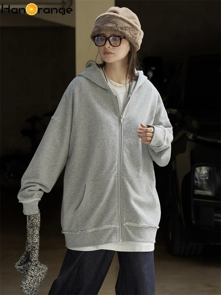 

HanOrange 2025 Early Autumn Distressed Edge Hooded Sweatshirt Women Loose Hoodies Black/Gray