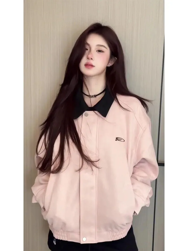 American Sle فضفاض غير رسمي من جلد الغزال Jaet المرأة ربيع الخريف ort البيسبول orm أعلى طوق الوردي ملابس خارجية