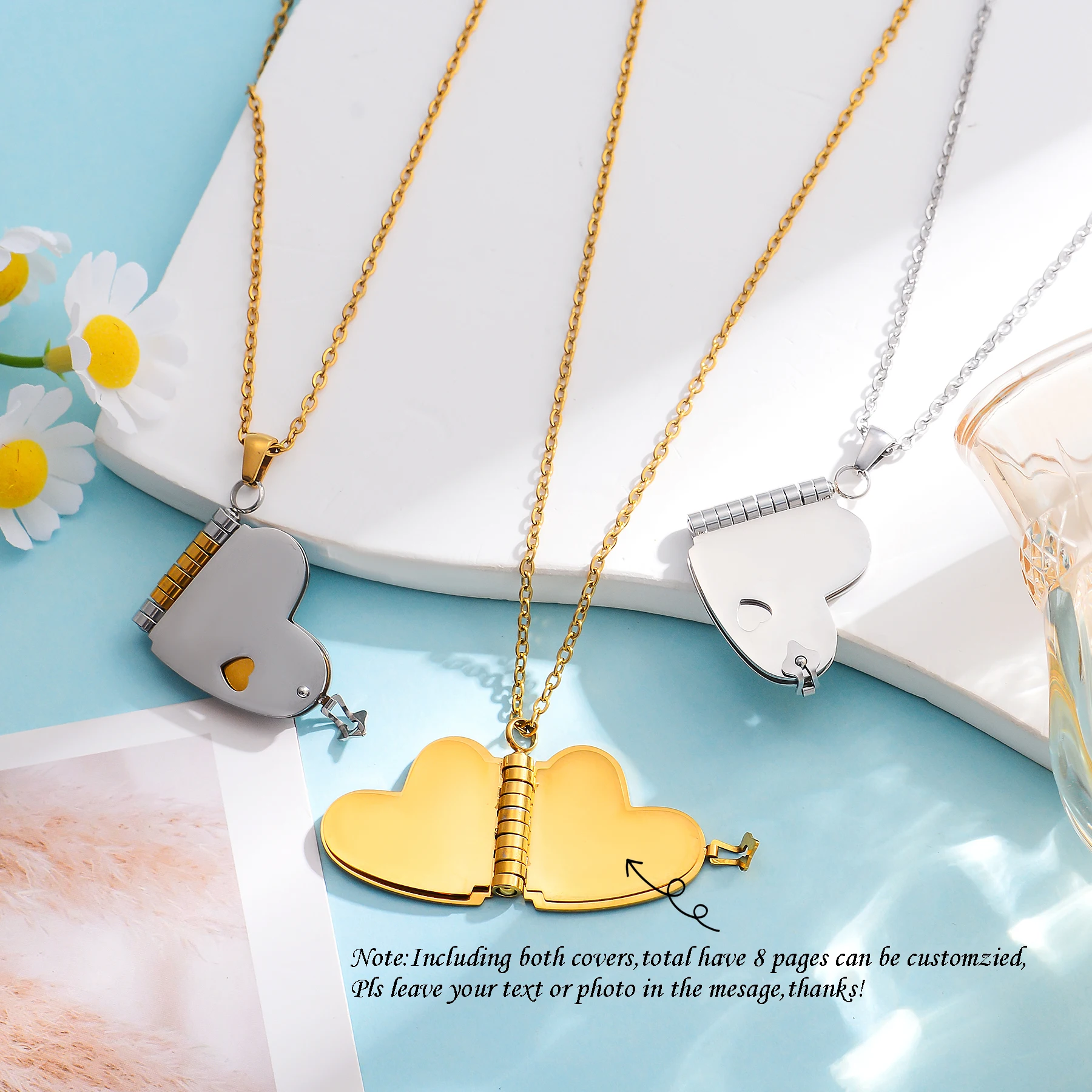 Personalized Stainless Steel Heart Book Pendant Necklace Custom Message Text Photo Bible Words Jewelry Gift For Women Men - view 2