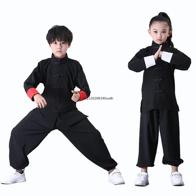 Seragam Kung Fu anak pakaian tradisional Cina untuk anak laki-laki perempuan Wushu kostum celana atasan Set pakaian panggung rakyat Tai Chi