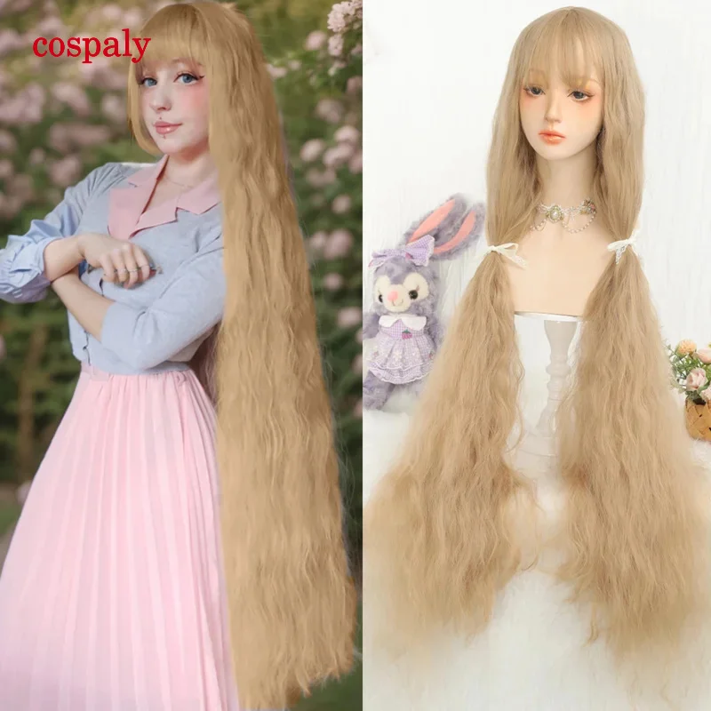 SEEANO 110Cm Synthetic Long Curly Cosplay Wig With Bangs Red Light Blonde Cute Lolita Wig Women Halloween Cosplay Wigs Female