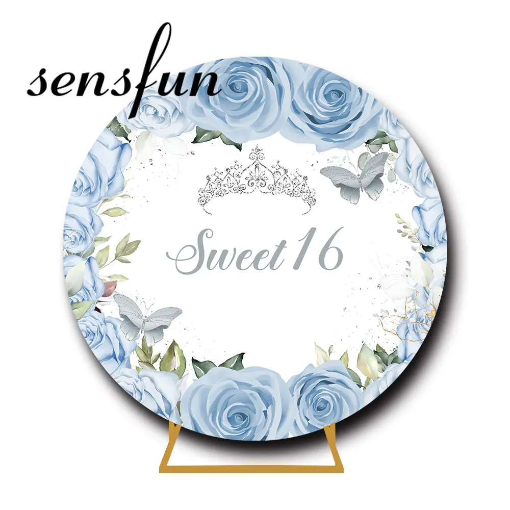 Girls Sweet 16 Birthday Party Round Baackdrop Cover Blue Rose Flowers Crown Butterfly Circle Background Table Decoration