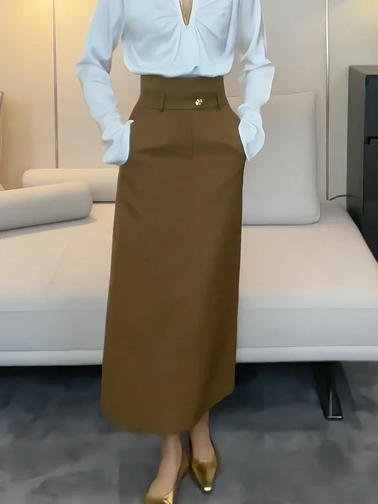 

Metal Bule Design Straight Cut Midi Skirt for Women Retro High Waist Slimming Split Long Skirt Versatile Autumn Winter New ...