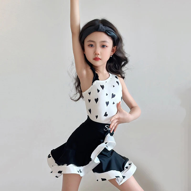Costume da ballo latino per bambini Abiti da allenamento per spettacoli di danza Ragazze che ballano set di gonne a lisca di pesce stampate con spalla inclinata XH2974