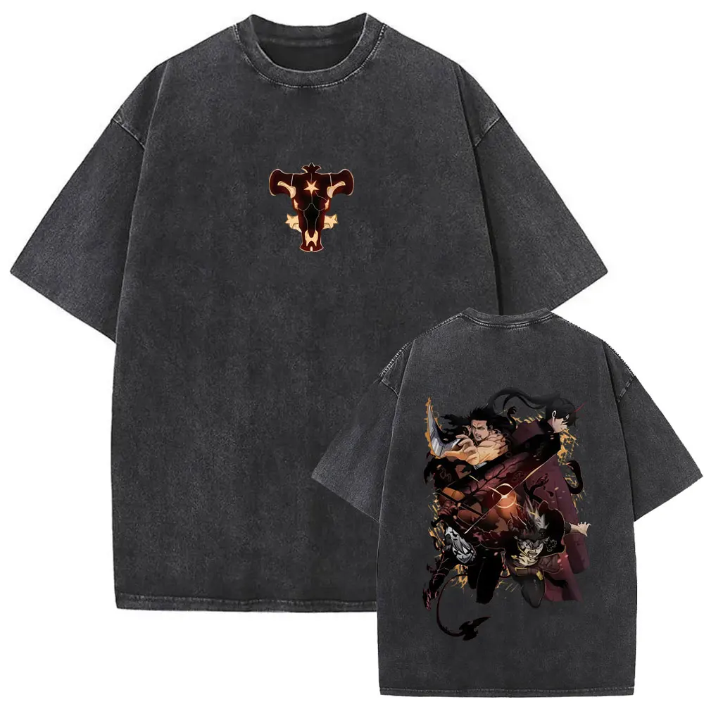 Washed Vintage Anime Black Clover Nacht Faust Yami Sukehiro Asta T-shirt Men Retro Cotton T Shirt Men's Cartoon Manga T-shirts