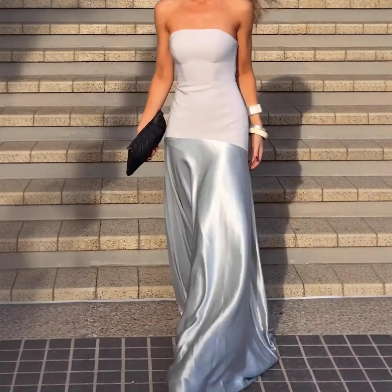 Sexy Strapl Ele Patchwork Cetim Svel Dr Cintura Alta One Step Saia Poliéster Primavera Básico Sle Outro Material