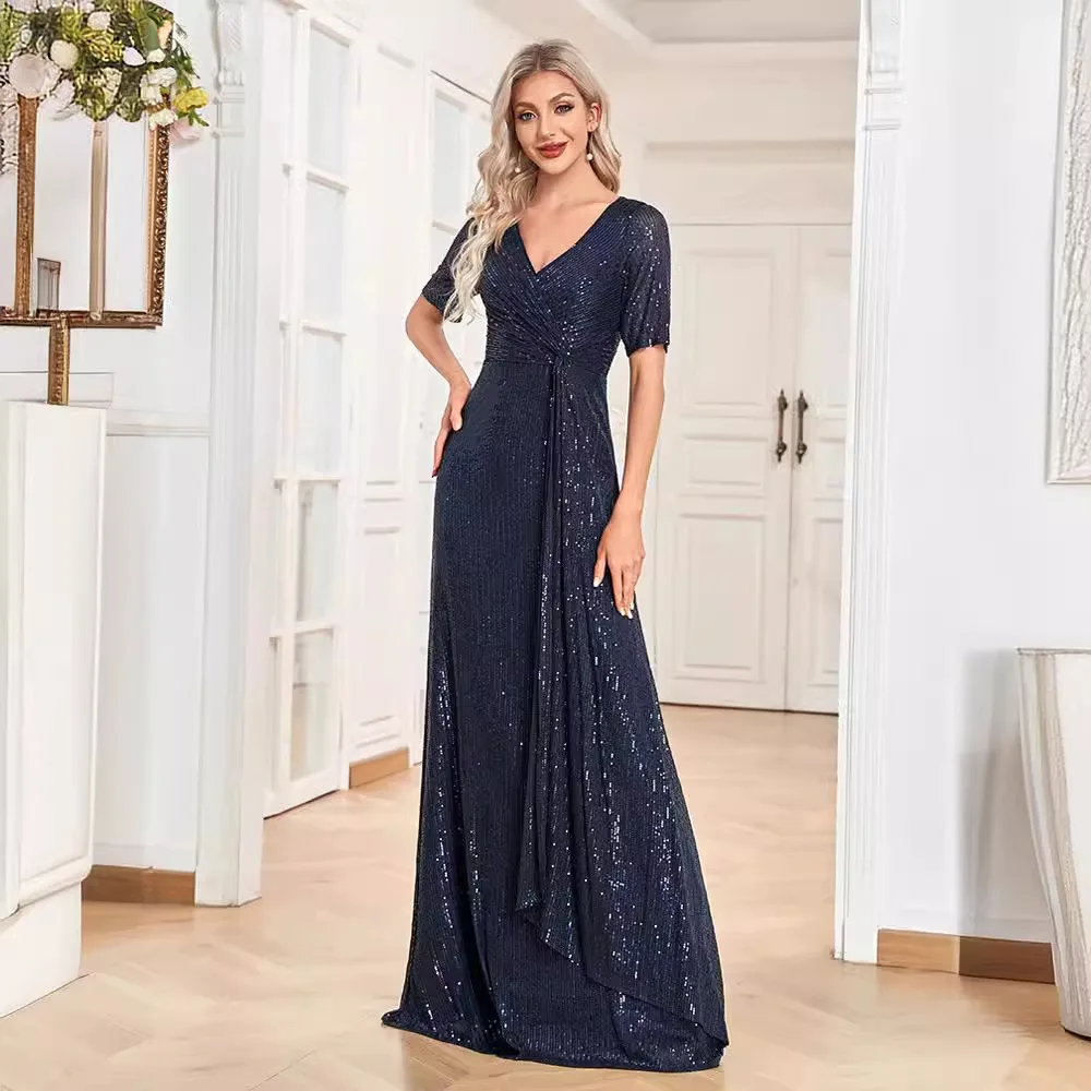 

VITRCHP V-Neck Floor Length Evening Dress Luxury Slim Sequins Formal Evening Dresses 2025 New Women Sexy Party Cocktail Dresses