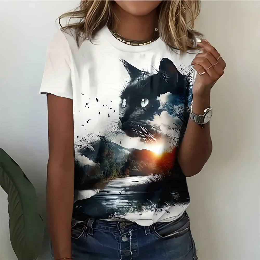 

Dreamy Cat Art Women's White Bold T-shirt Black Cat Head Landscape Pattern Casual Fashion Short Sleeve