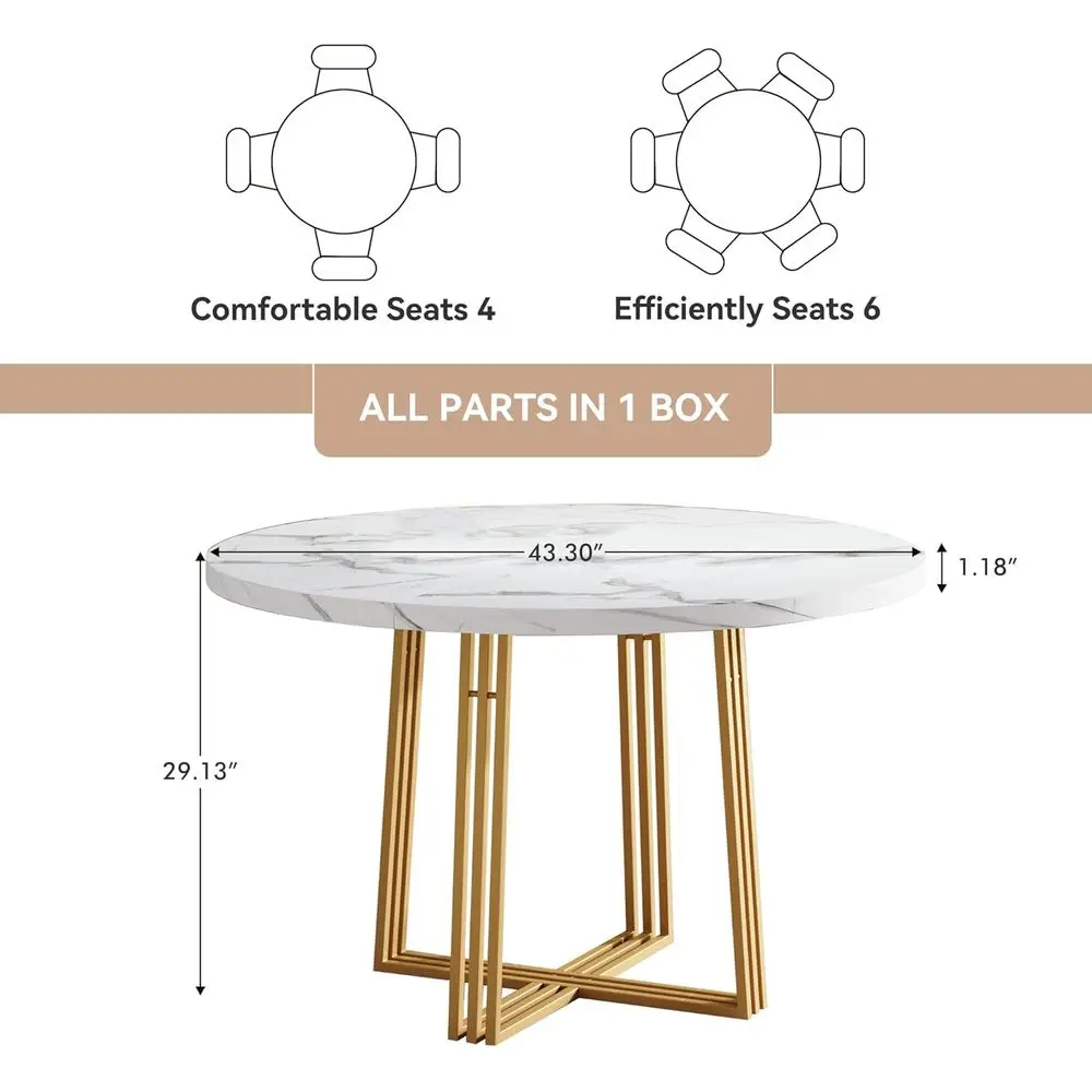 Round Dining Table or 4, 43.3-Inch aux Marble Kitchen Table, ern Circle Dinner Table with Metal Base or Dining Room, Kitchen, Br
