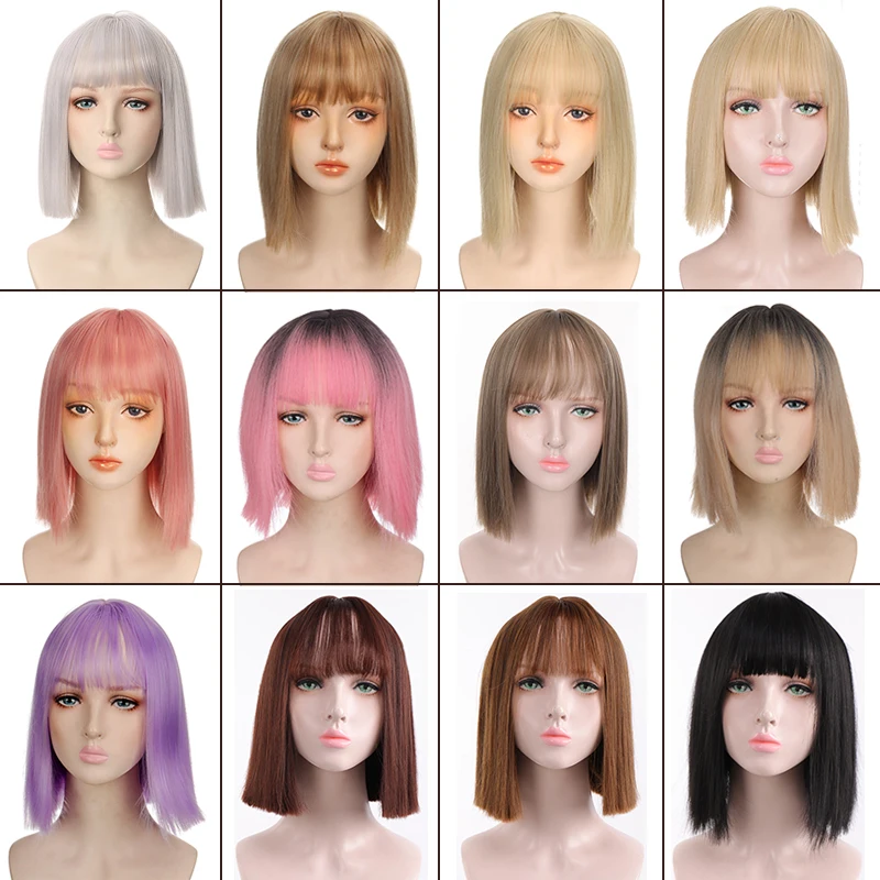 TALANG Synthetic Short Bob Straight Wigs With Bangs for Women Black Pink Wig for Party Daily Use Shoulder Length Cosplay Lolita