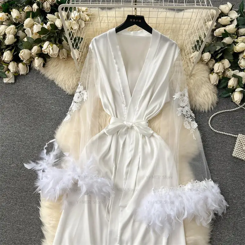 White Sheer Mesh Sleeve Robe Big Sleeves Feather Kimono Women Bride Wedding Dressing Gown Sleepwear 2025 New Nightgown Lingerie