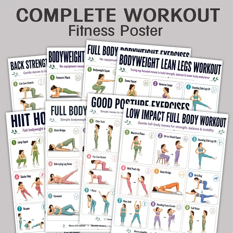 A4 Size 8 PCS Workout Sheets Guide,No-Equipment Home Gym Exercise Chart Set, Posture Fitness Guide Art Prints