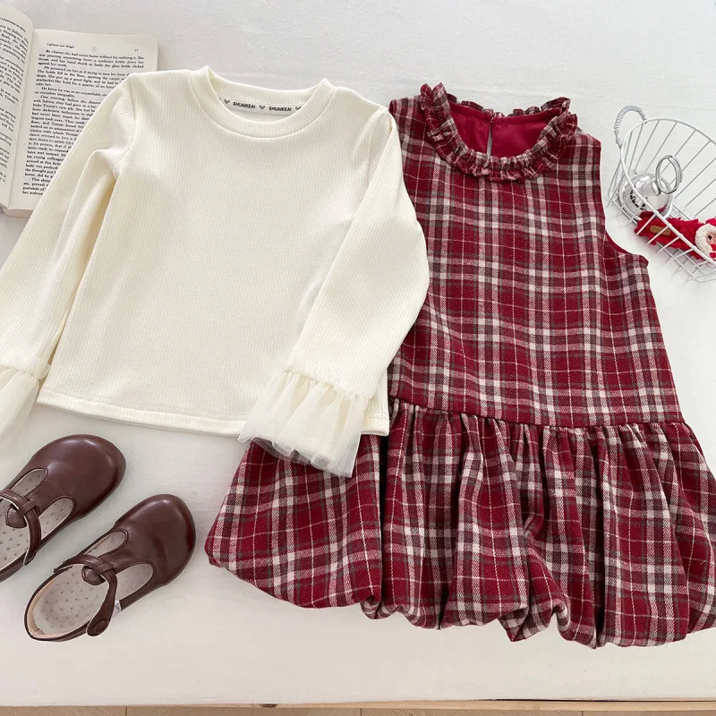 

Children's Outfit New Autumn Korean Style Baby Girl Sweet Fashion Plaid Vest Dress Lace Shirt Two-Piece Set Trendy