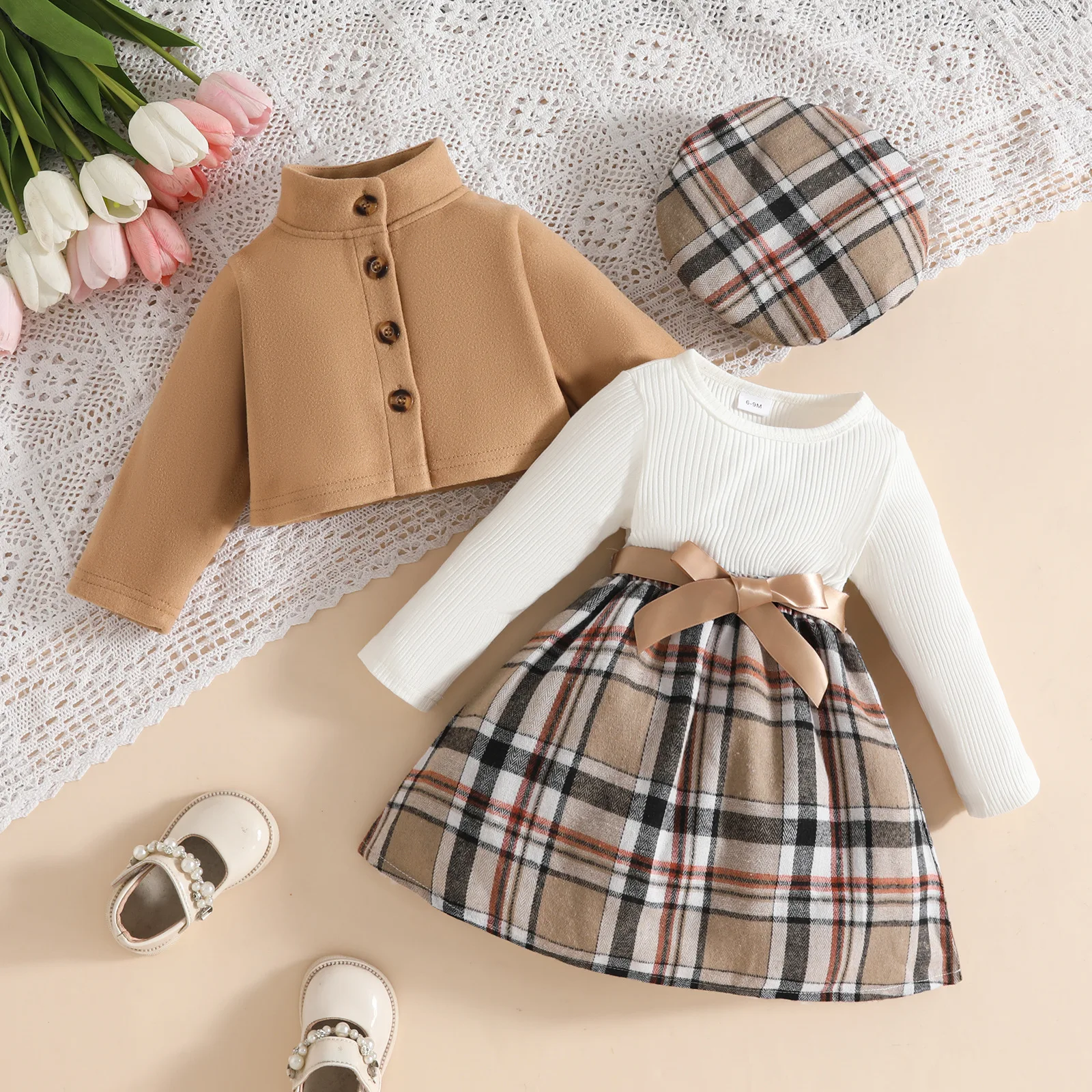 

Infant Toddler Girls Clothes Sets 1-3 Years Old Autumn Winter Long Sleeve Plaid Dress with Jacket Beret Baby Girl Clothing