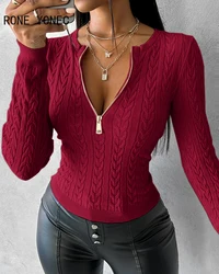 Women Chic Solid Basics Zipper Decoration Long Sleeves Skinny Basics Blouse Knitting Tops