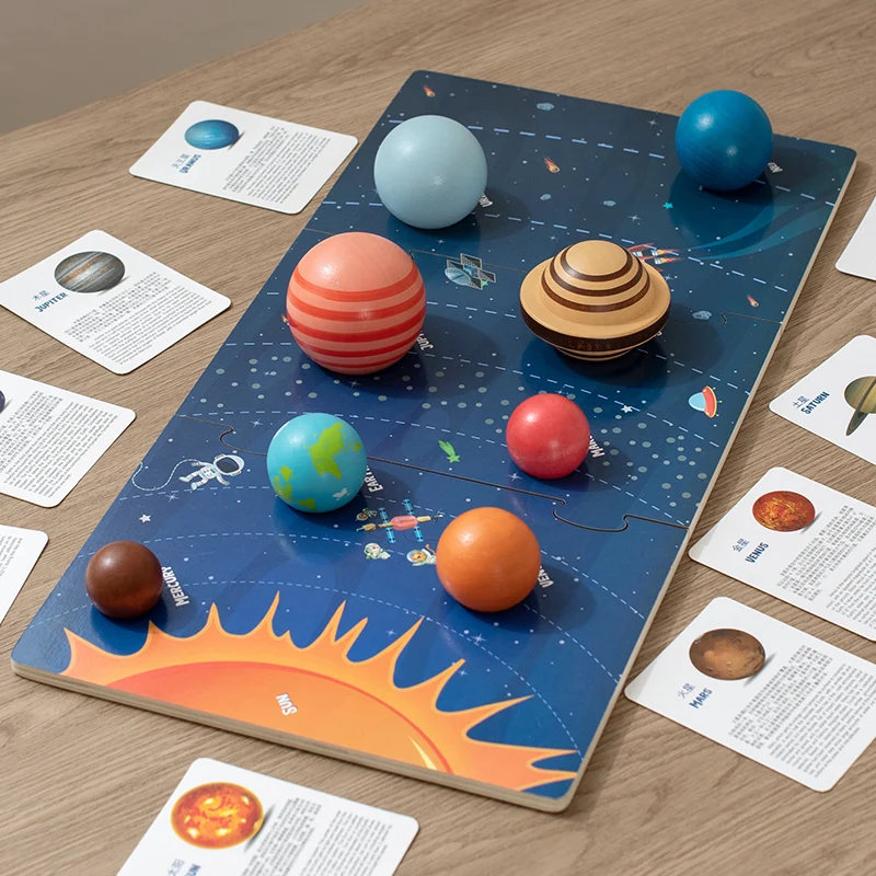 3D Solar System Wooden Puzzle w/ Nomenclature Cards Montessori Astronomy Educational Learning Toys Early Teaching Aids