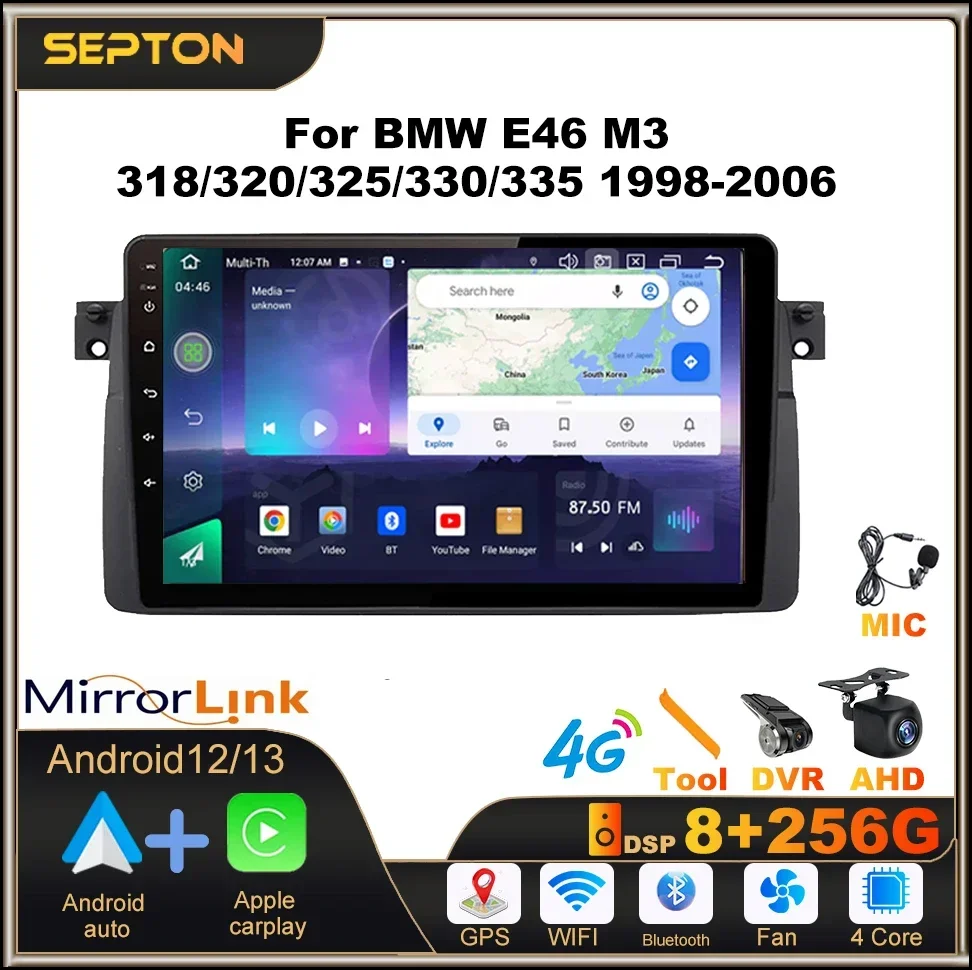 SEPTON Car Radio Multimedia Player for BMW E46 M3 318/320/325/330/335 1998-2006 Wifi GPS Wireless CarPlay 4G Android Auto Screen