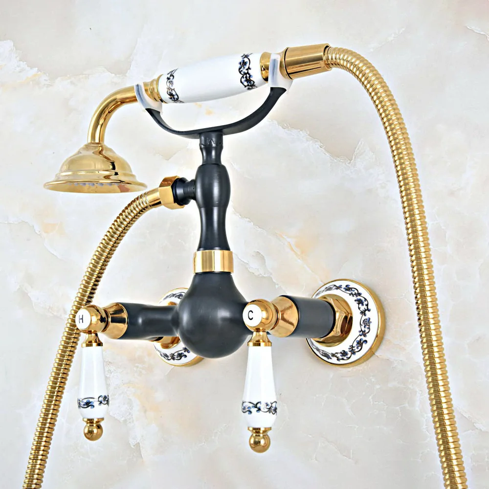 

Black Oil Rubbed & Gold Brass Wall Mounted Bathroom Hand Shower Faucet Set with 1500MM Hose Handheld Spray Head Mixer Tap Dna428