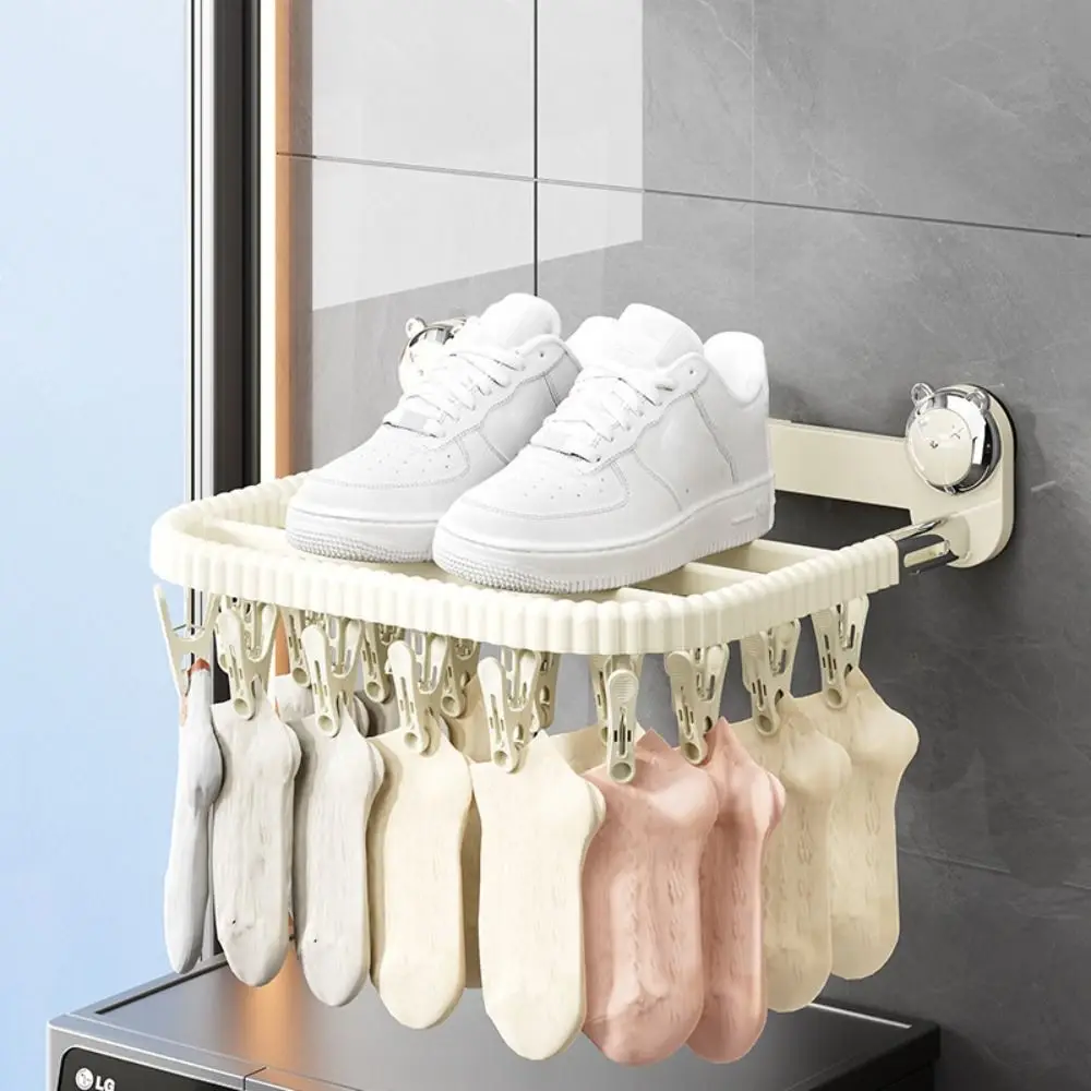

Rotating Suction Cup Drying Rack Folding Wall-mounted Socks Drying Clips 27 Clips Windproof Hanging Clothes Rack Household