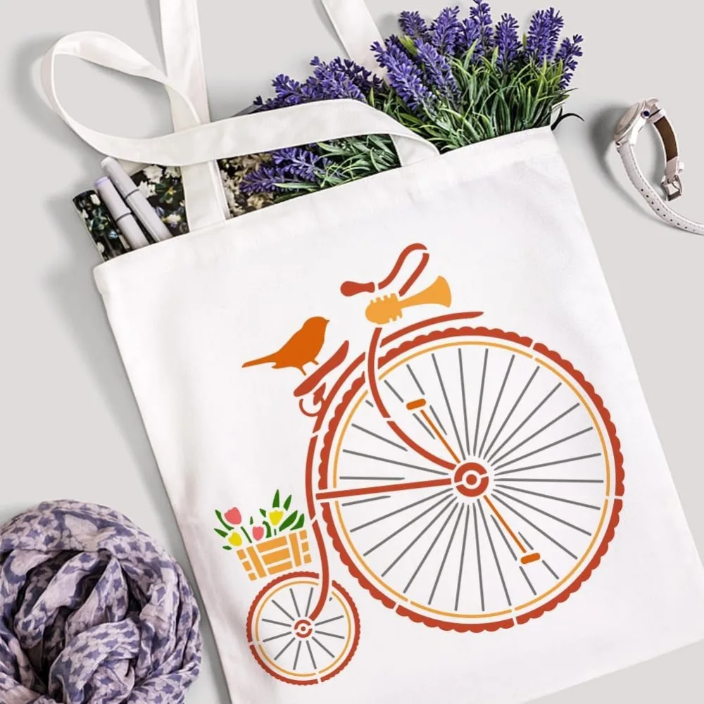 Estêncil de pintura de bicicleta vintage, 11.8x11.8 polegadas, roda grande, modelo de desenho de bicicleta, reutilizável, pássaro, cesta de flores, estêncil para