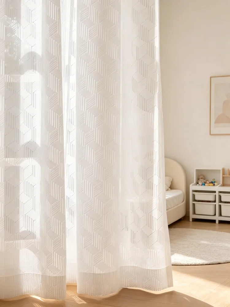 Modern Geometric White Warp Knitted Tulle Sheer Curtains Custom Size Cute Window Drapes for Kids Bedroom Balcony Study Room yarn
