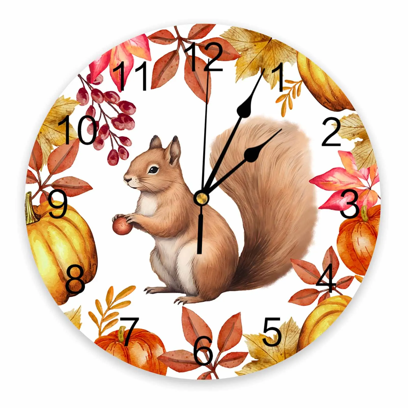 

Plants Maple Leaf Pumpkin Berry Squirrel Watercolor Wall Clock Modern Silent Clock Living Room Home Decor Wall Hanging Watch