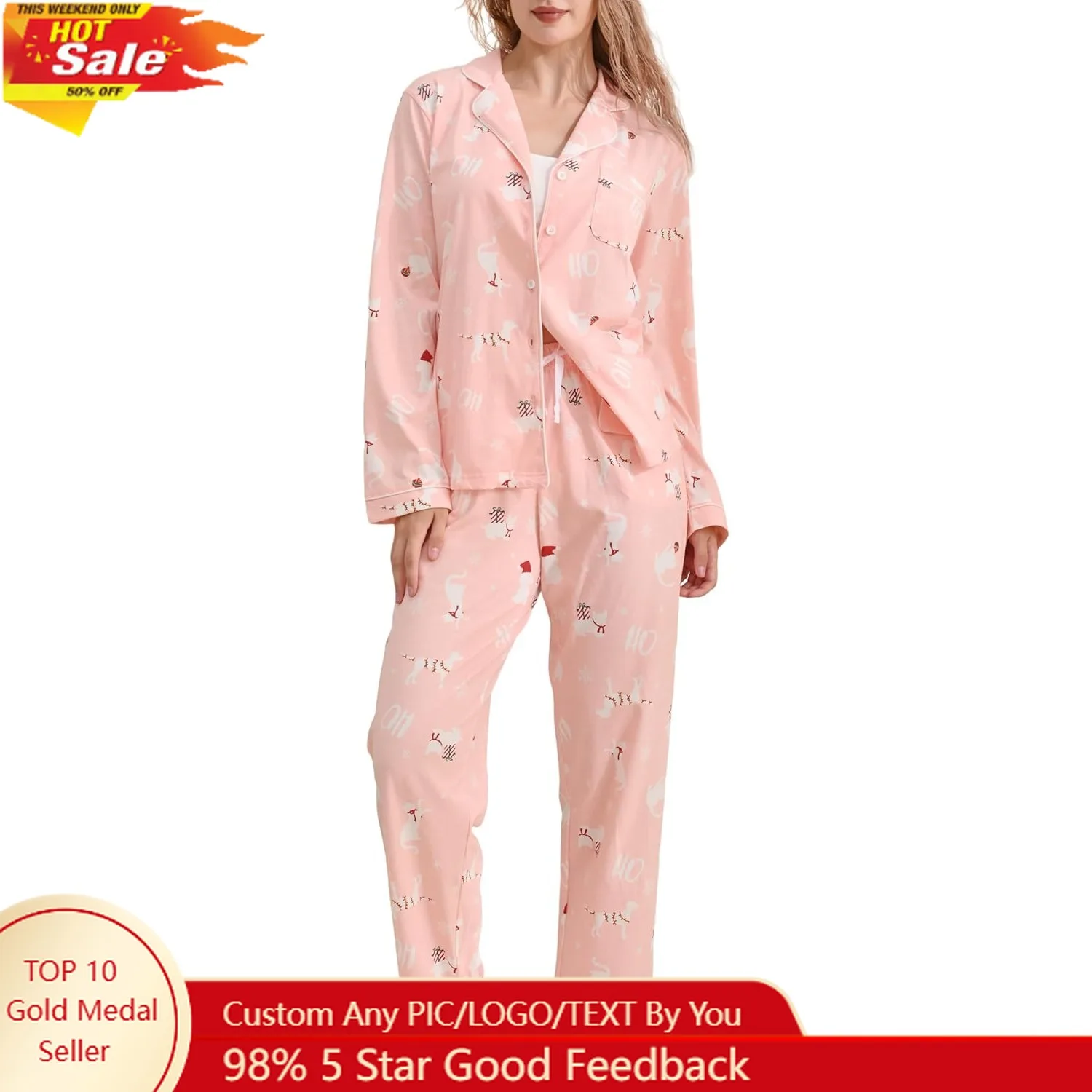 

100% Cotton Christmas Pajama Sets for Women 2025 Holiday PJs Set Soft Long Sleeve Button Down Sleepwear XS-XXL