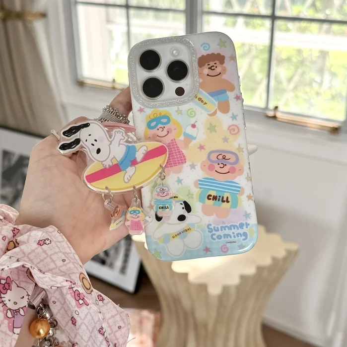 

Summer Cute Cartoon surf Snoopy Charlie Holder shockproof Phone case For iPhone 16 15 14 13 Pro Max Funny Snoopy bracket Cover