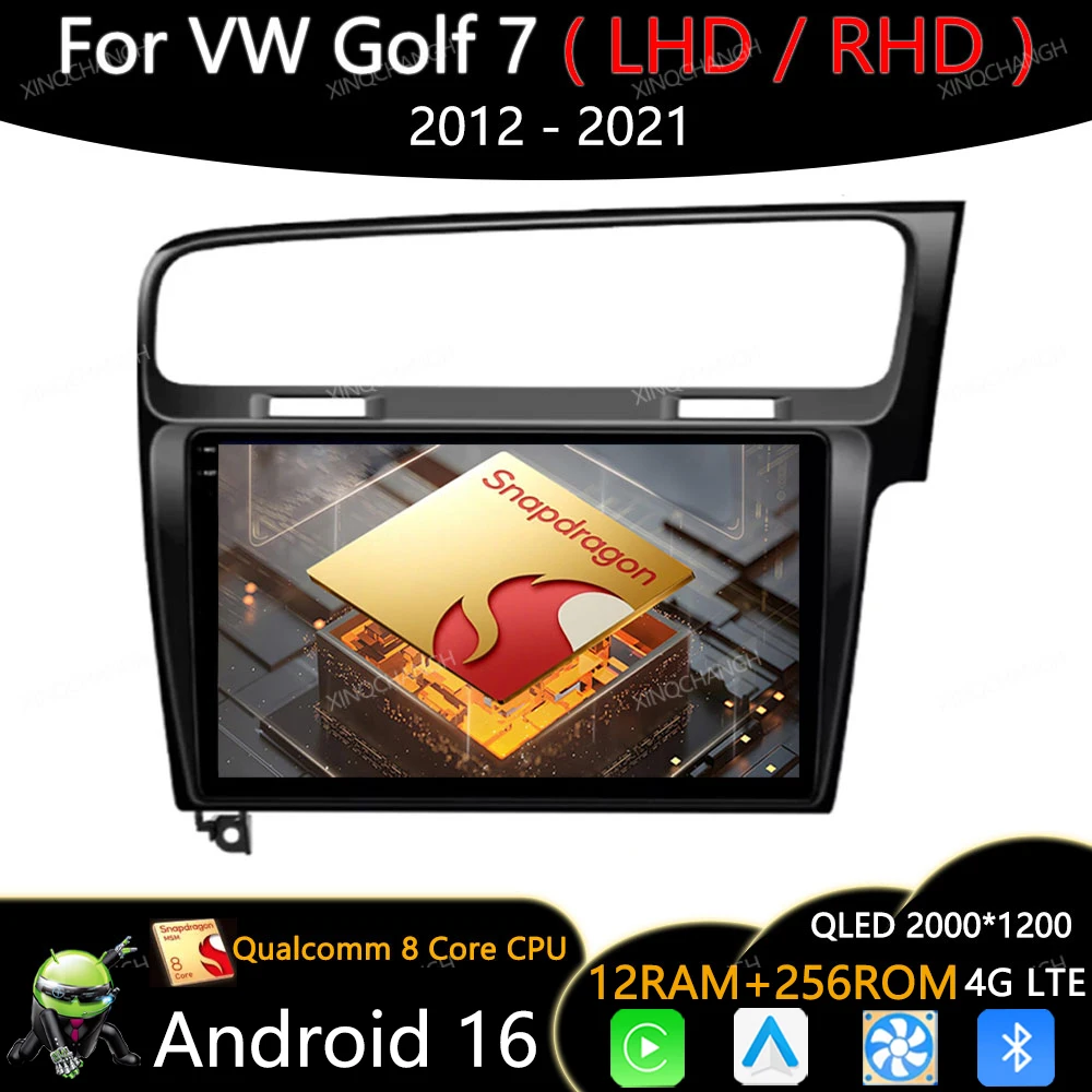 Android 16 Car Radio For Volkswagen VW Golf 7 MK7 GTI 2011 - 2021 Multimedia Video Player GPS Carplay Auto BT 4G WIFI 2DIN QLED