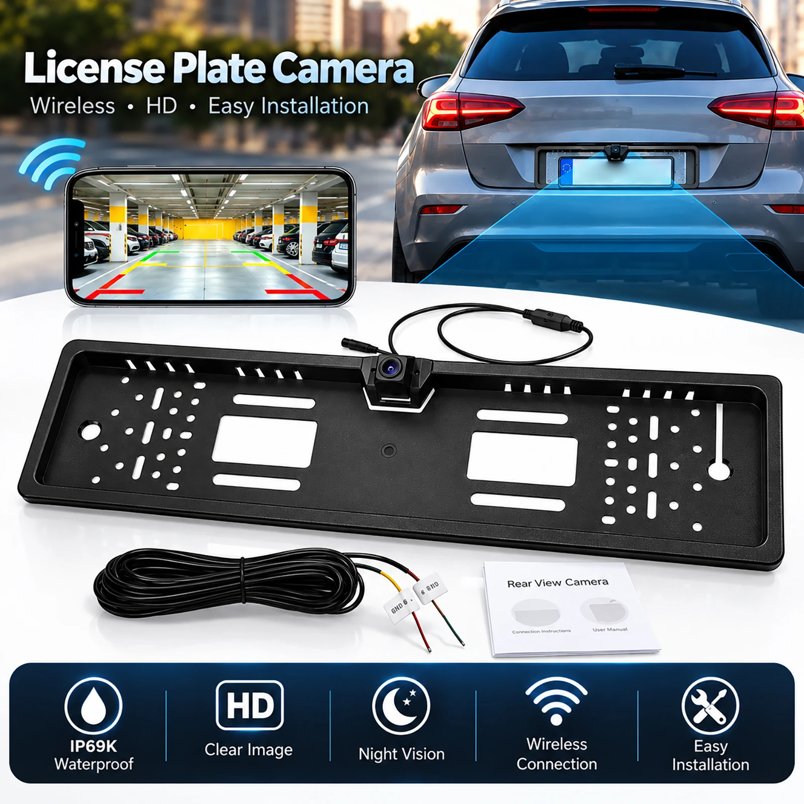 Telecamera per retromarcia per auto con connessione Wi-Fi 5 e supporto per targa europea, telecamera di parcheggio wireless con visione notturna, ricambio universale per auto.