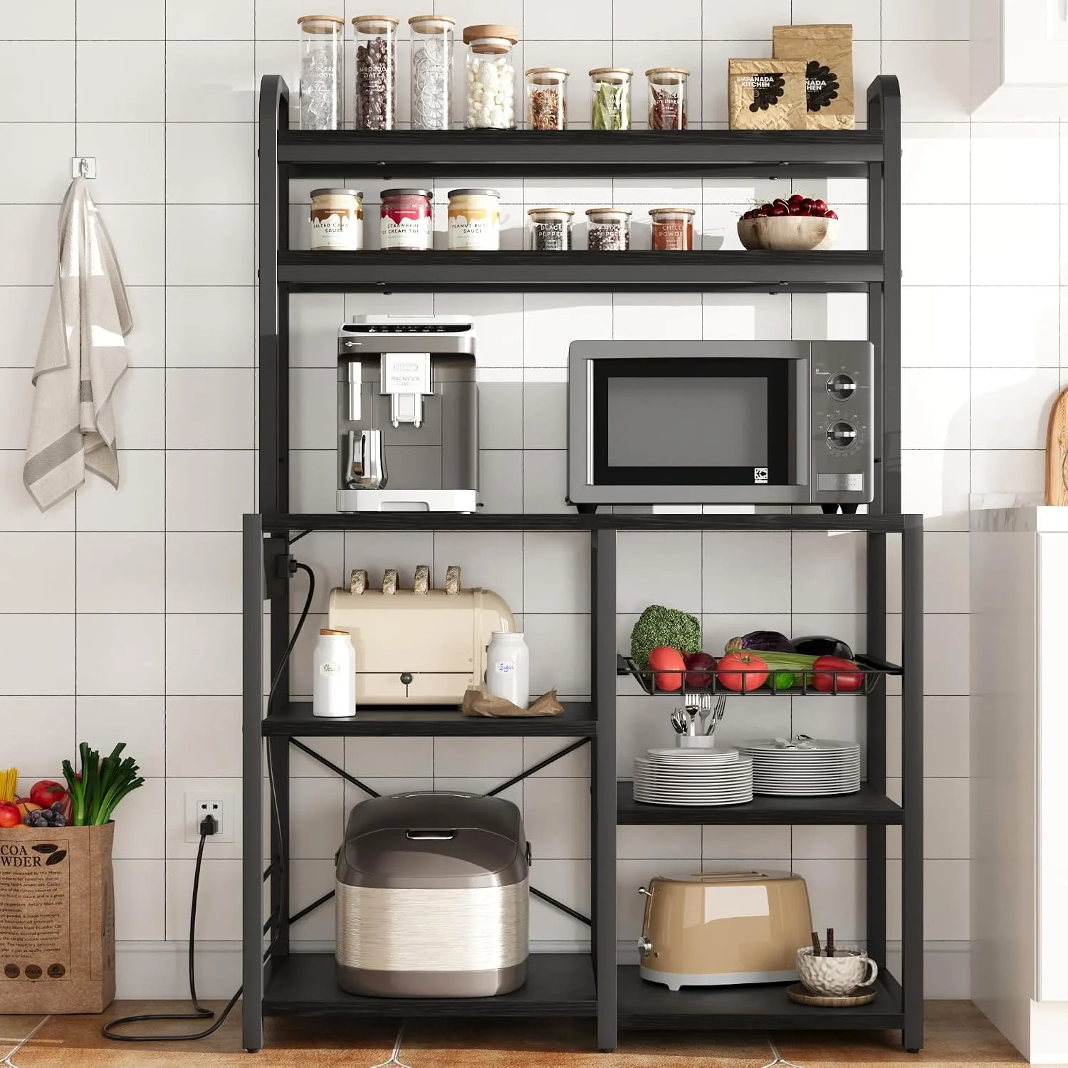 Bakers Rack with Power Outlet, 5-Tier Microwave Stand with Wire Basket, Coffee Bar Station, Kitchen Open Storage Shelves for Spices, Dishes, Black