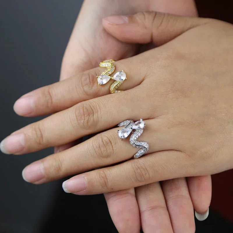New Arrived Fashion Women Finger Jewelry Open Adjusted Big Sparking Tear Drop CZ Paved Wave Band Rings