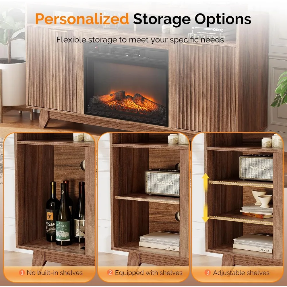 VINGLI Fluted Fireplace TV Stand for up to 70 inch TVs, Entertainment Center with Electric Fireplace Heater & Adjustable Shelves