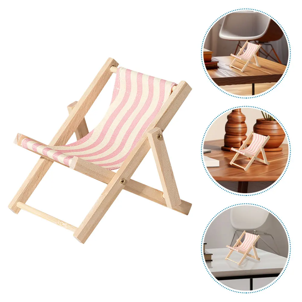 

2 Pcs Beach Chair Phone Holder Dollhouse Miniatures Accessories Canvas Wooden Stand Desktop Cell Mount Model