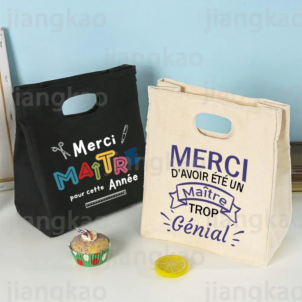 Merci Maitre francuski nadruk torba termoizolacyjna na lunch przenośne izolowane płótno Bento Tote termiczne szkolne torby do przechowywania żywności prezenty dla nauczyciela
