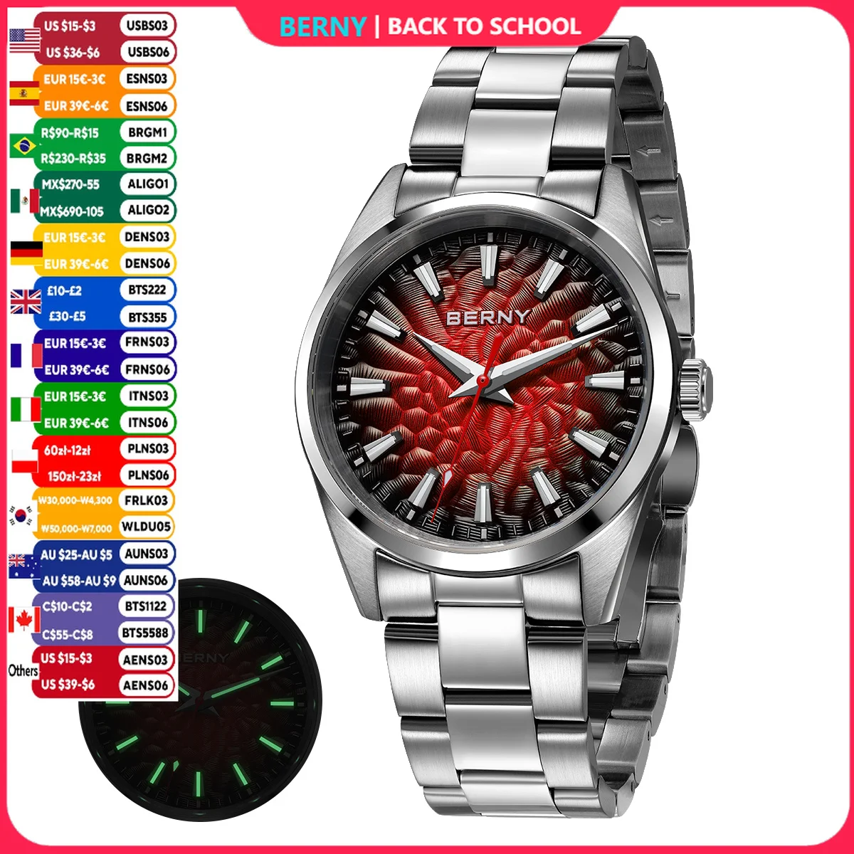 BERNY Herrenuhr 10ATM Saphir Leuchtende Mode Quarzuhren Voll Edelstahl Klassische Kleid Business Armbanduhr