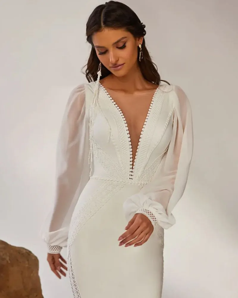 Robe de Mariée Sirène Élégante à Col en V Profond, Sexy, Manches sulfen Mousseline de Soie, avec Traîne, Dos aux, 2023